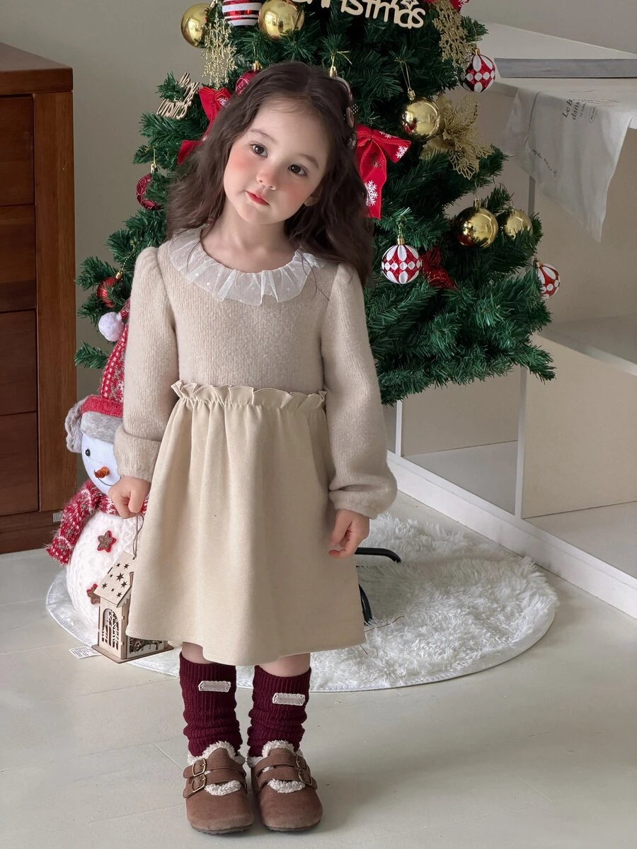 DAZY Baby Girl Round Neck Color Block Ruffle Cute Long Sleeve Dress - Beige - View 1