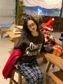 DAZY Women's Round Neck Casual Letter Print Autumn/Winter Long Sleeve Korean Style Colorblock Sweater - Coffee Brown - View 8