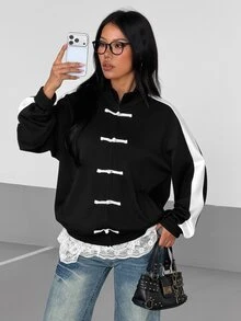 Flirla Casual Versatile Chinese Style Frog Button Cardigan Stand Collar Black & White Contrast Fashion Women's Jacket - Black and White - View 4