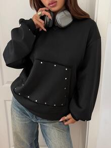 DAZY Women's Solid Color Pocket Casual Versatile Daily Long Sleeve Sweatshirt - Black - View 1