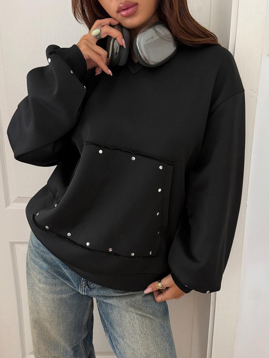 DAZY Women's Solid Color Pocket Casual Versatile Daily Long Sleeve Sweatshirt - Black - View 1