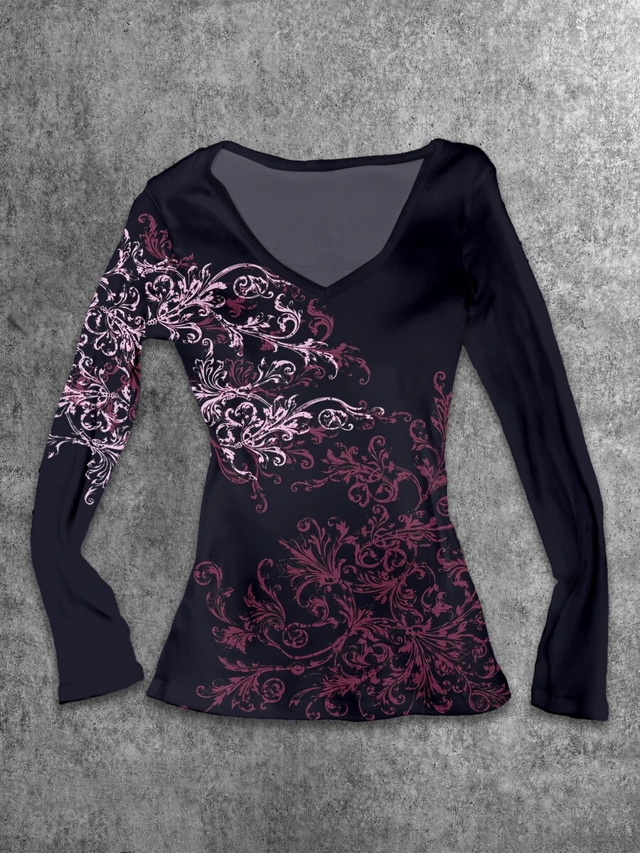 Attitoon Women's V-Neck Casual Minimalist Versatile Slim Fit Long Sleeve T-Shirt, Suitable For Autumn/Winter - Multicolor - View 1