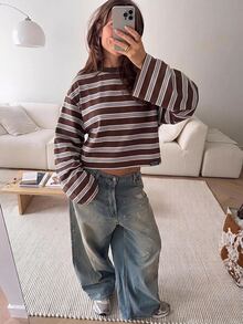 SHEIN EZwear Women's Fashion Striped Colorblock Denim T-Shirt Streetwear - Brown - View 6