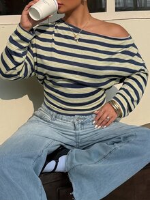 Muchica Plus Size Women's Striped Asymmetric Shoulder Casual Everyday T-Shirt - Multicolor - View 1