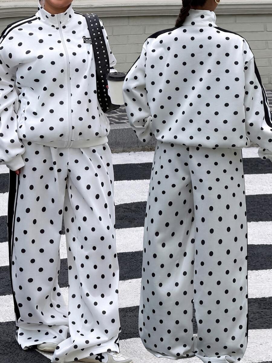 Muchica Pakaian Kasual Sehari-hari untuk Wanita Ukuran Besar dengan Jaket Lengan Panjang dan Celana Motif Polkadot - Hitam dan Putih - View 1
