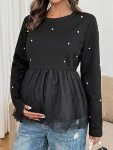 Dazy Maternity Contrast Mesh Hem Beaded Decor Loose Long Sleeve Casual Vacation Girl Korean Style Autumn/Winter Top Maternity T-Shirt - Black - View 4