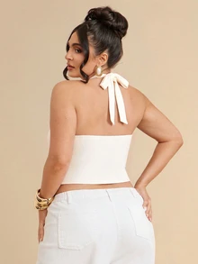 SHEIN BAE CURVE 純色極簡性感V領掛脖蝴蝶結肩帶百搭背心上衣，適合派對、度假、約會 - 杏色 - 查看 2