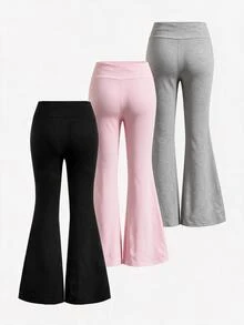 SHEIN 青少年女孩秋季新款 3件組黑色針織純色休閒百搭交叉腰喇叭褲 - 彩色 - 查看 2