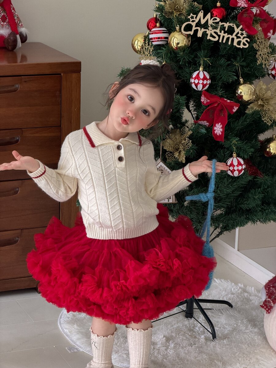 DAZY Infant/Toddler (Girl) Turn Collar Long Sleeve Autumn/Winter Korean Style Sweater - White - View 1