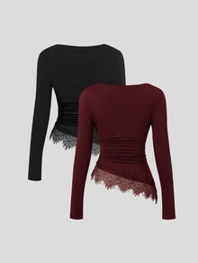 Sweetra Y2K Sexy Lace Trim Patchwork Pleated Crinkled Casual Versatile Commuter Top - Multicolor - View 2