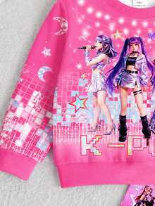 女團卡通女孩多巴胺彩色漸層、星空漸層、K-Pop 超級巨星、Chill Chill，少女休閒圓領長袖衛衣與內搭褲 2 件套，適合秋冬街頭復古風，舒適自在，兒童秋冬疊穿，Y2K - 彩色 - 查看 8