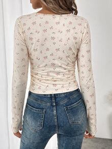 SHEIN LUNE 女款碎花方領長袖修身休閒T恤 - 彩色 - 查看 2