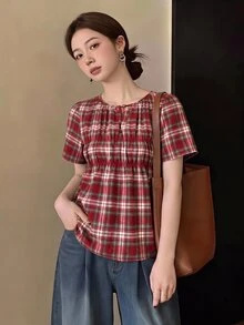 Yumoku 休閒女款夏季格紋短袖襯衫 - 紅色 - 查看 3