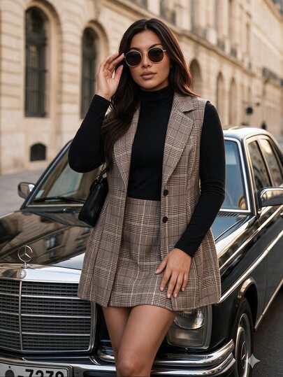 Easura Plus Size Halloween Vintage Dark Brown Patchwork Print Blazer For Women With Scarf Patchwork V-Neck Waist-Cinching Design, Paired With Slim-Fit A-Line Silhouette, Spring/Autumn Lightweight Luxury Commuter Jacket For Office And Date, Niche Design Two Pieces Set With Long Pants