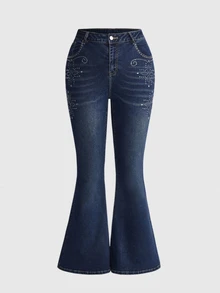 ROMWE Quần jeans denim ống loe size lớn, co giãn cao, thoải mái, họa tiết đính đá, phong cách thường ngày đa năng - Màu xanh lam - Xem 3