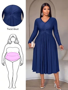 SOLERSUN Plus Size Women's Solid Color Pleated Casual Party Dress - Navy Blue - View 1