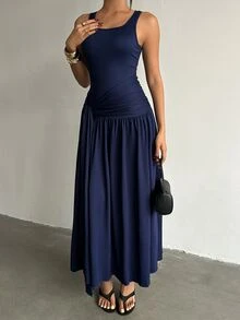 Nuvra Women's 2-In-1 Spaghetti Strap Ruched Tie Waist Tummy Control Butt Lift Body Shaping Long Dress - Blue - View 8