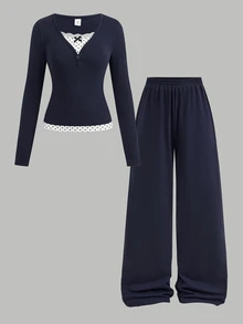 Girlism 青少年女孩 T-Shirt 套裝 秋冬簡約配色拼接波點亨利領長袖上衣與長褲套裝，休閒優雅學院風返校穿搭 - 藏蓝色 - 查看 3