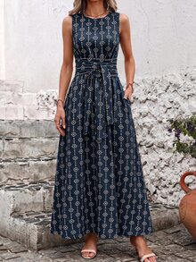 SHEIN Clasi 女款夏季度假刺繡腰繫帶口袋洋裝 - 藏蓝色 - 查看 5