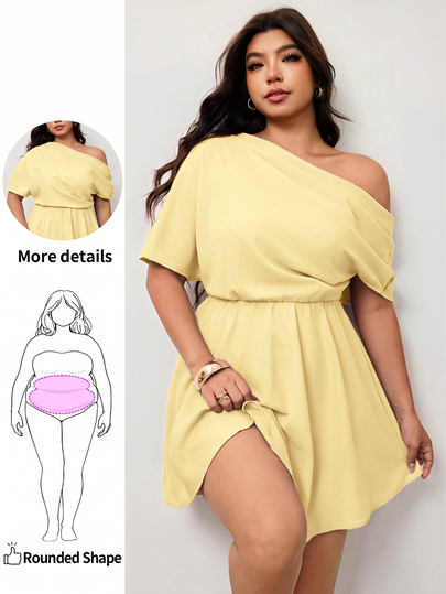 Enliva Plus Size Women's Casual Commute Solid Color Asymmetric Neckline Waist-Cinching Umbrella Skirt Dress, Summer Brown Elegant Dress, Chocolate Brown Dress, Coffee Brown Dress, Brown Wedding Guest Dress, Spring Women's Clothing, Spring Women's Clothing