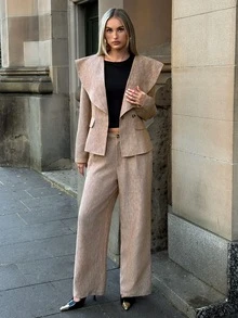 Aloruh Women's Autumn/Winter Brown Textured Lapel Waist-Cinching Blazer + Striped Wide-Leg Long Pants Suit Set - Brown - View 3