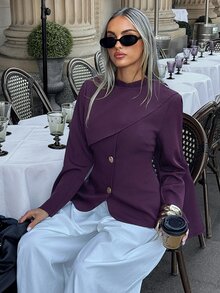Aloruh Women's Solid Color Long Sleeve Metal Single-Breasted Fashion Blazer Fall Clothes For Women Work Outfits For Women - Purple - View 7