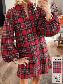 SHEIN 秋冬女款紅色格子棉質迷你洋裝，V領泡泡長袖格紋直筒洋裝，休閒寬鬆聖誕節假日派對日常穿著套裝 - 彩色 - 查看 4