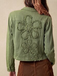 Bohemela Jaket Denim Tenun Polos Kasual untuk Wanita, Potongan Pas Badan - Hijau Tentara - View 2