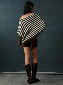 Bohemela Vintage Asymmetrical Colorblock Knit Pullover Sweater Shawl - Multicolor - View 6