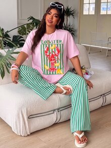 SHEIN EZwear 大尺碼女款字母龍蝦印花短袖T恤與條紋長褲休閒兩件套 - 棕色 - 查看 4