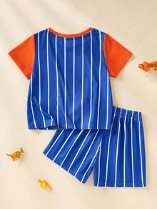 Blippi X SHEIN Young Boy Striped Short Sleeve T-Shirt And Shorts Casual Set - Blue - View 2