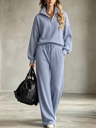 SHEIN Women's 2 Pieces Casual Set, Minimalist Half-Open Collar Loose Top And High-Waist Wide-Leg Pants With Tie Waist And Pockets, Versatile Sporty Style For Commute And Daily Wear