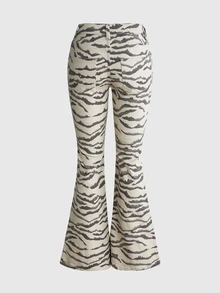 ROMWE Y2K Women's Autumn Zebra Print Denim Flare Jeans Everyday Traveling Beige Retro Street - Multicolor - View 2