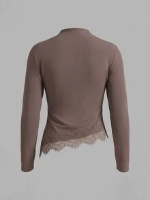 SHEIN Clasi 2pcs Women's Solid Mock-Neck Long-Sleeve Tee With Lace Hem Detail - Multicolor - View 5