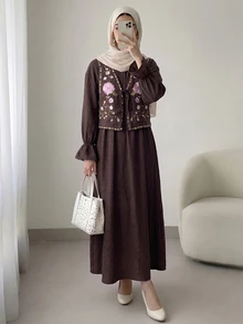 Solavon 女款花卉刺繡背心與純色洋裝休閒兩件套 - 咖啡棕 - 查看 5