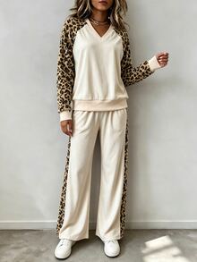 Holdful Holdful Women's Autumn Corduroy Leopard Splice Two‑Piece Outfit For Daily Shopping Going‑Out - Multicolor - View 3