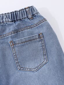 SHEIN Celana Jeans Denim Gaya Y2K untuk Anak Perempuan, Desain Pita Pink dengan Motif Hati dan Jumbai, Pinggang Elastis, Pas Nyaman, Gaya Minimalis Modis dan Serbaguna, Cocok untuk Semua Musim - Light Wash - View 6