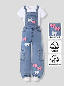 SHEIN ChillGRL Tween Girls Denim Overalls & Jumpsuits New All-Season Blue Distressed Ripped Washed Adjustable Shoulder Strap Bow Towel Embroidery White & Pink Butterfly Pattern Straight Leg Casual Vacation Style Bottoms - Medium Wash - View 5