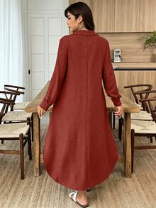 Weeklong Women's Plus Size Spring/Autumn Pullover Loose A-Line Dress With Exquisite Metal Buckle Decoration - Burgundy - View 2
