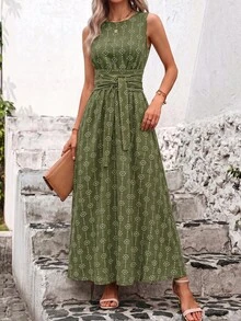SHEIN Clasi 女款夏季全印花百褶休閒派對長洋裝 - 軍綠色 - 查看 7