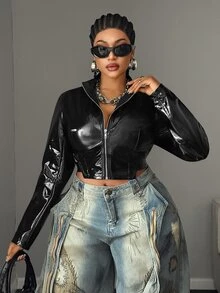 Maweii Plus Size Black Shiny Cropped Jacket Women Stand Collar Zipper Side Cutout Lace-Up Sexy Casual Anti Social Motorcycle Style Autumn Halloween Night Out - Black - View 1