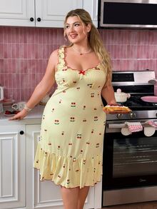 Slumberry CURVE Plus Size Women's Striped Cherry Print Knit Long Nightgown - Yellow - View 5