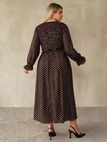 Auralis Plus Size Round Neck High Elastic Waist Flared Hem Casual Brown Ruffle Long Sleeve Everyday Dress/Dress - Brown - View 2