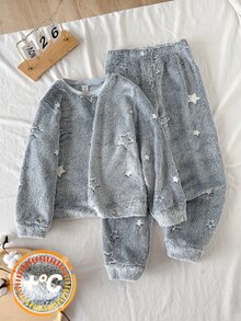SHEIN 兒童青少年男孩星星圖案灰色毛絨布料居家休閒服 2件套 秋季 - 灰色 - 查看 3