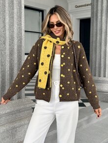 Pariaura Vintage Colorblock Polka Dot Loose Fit Slimming Slouchy Cardigan Sweater Jacket With Matching Scarf - Coffee Brown - View 4