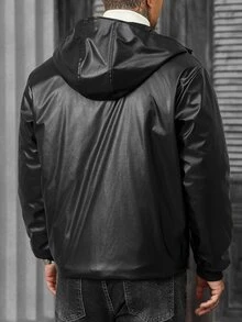Manfinity CasualCool 男士長袖保暖拉鍊連帽絎縫夾克，冬季黑色街頭風 Y2K 飛行夾克 - 黑色 - 查看 2