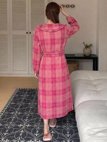 DAZY Women's Loose Plaid Cardigan Robe With Frill Trim And Asymmetric Front - Pink - View 2