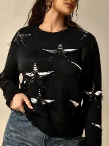 Nubod Plus Size Black & White Pentagram Hollow-Out Jacquard Distressed Ripped Crew Neck Long Sleeve Knit Base Layer Sweater - Black - View 6