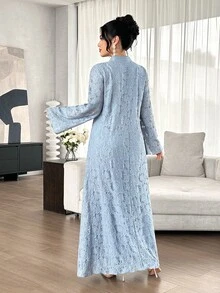 Al Najma Haze Blue Lace Stand Collar Long Robe Dress, Straight Long Sleeve Middle Eastern Muslim Abaya Dress - Dusty Blue - View 2