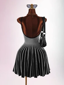 Amplova Women's Striped Low Cut Backless A-Line Knit Dress - Suitable For Street Photography, Parties, Halloween - Black and White - View 9